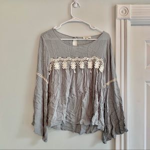 Pale Blue Long-Bell Sleeve Top w/ white lace